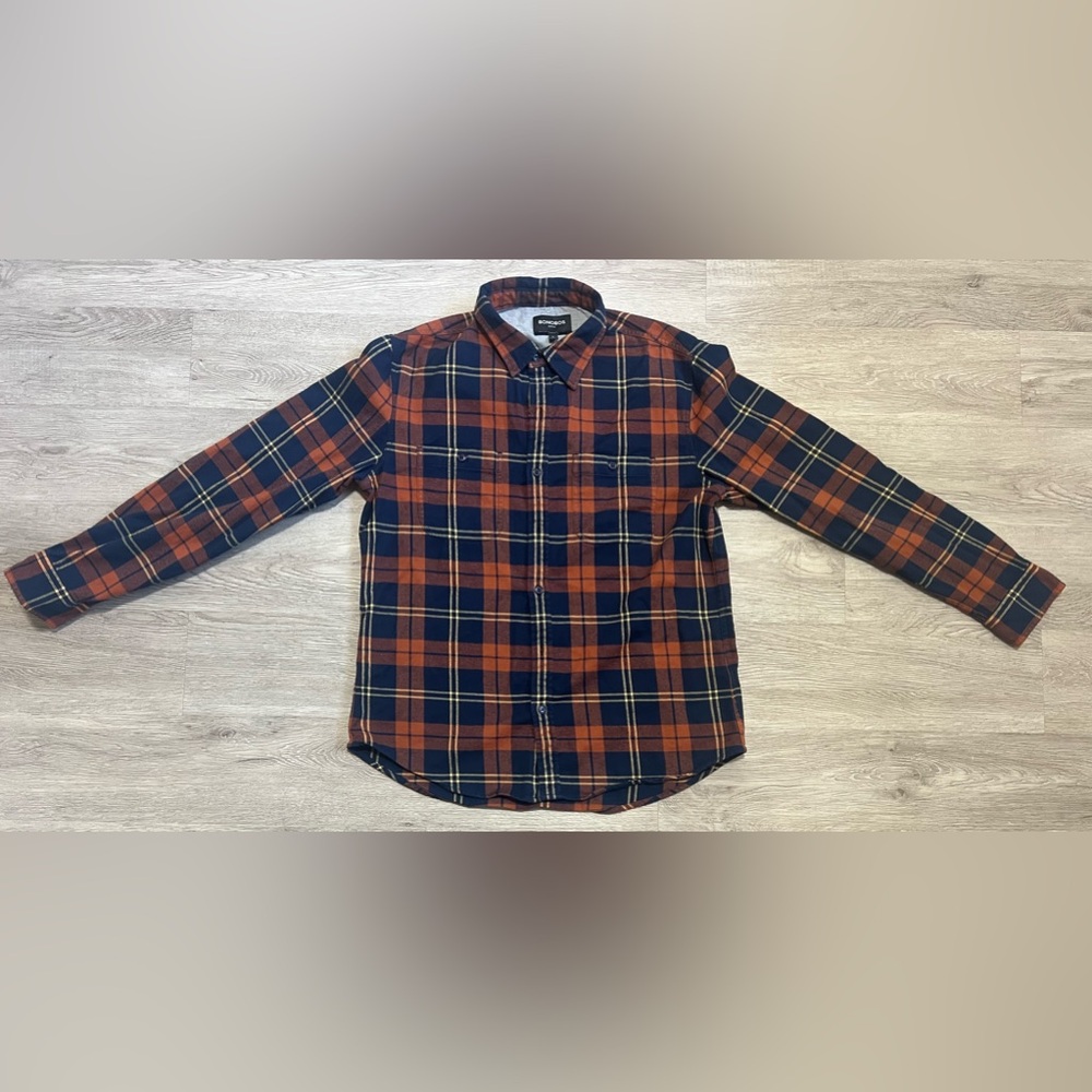 USED LIKE NEW - Bonobos Mens L Standard Fit/Stretch Flannel - Navy Blue/Orange